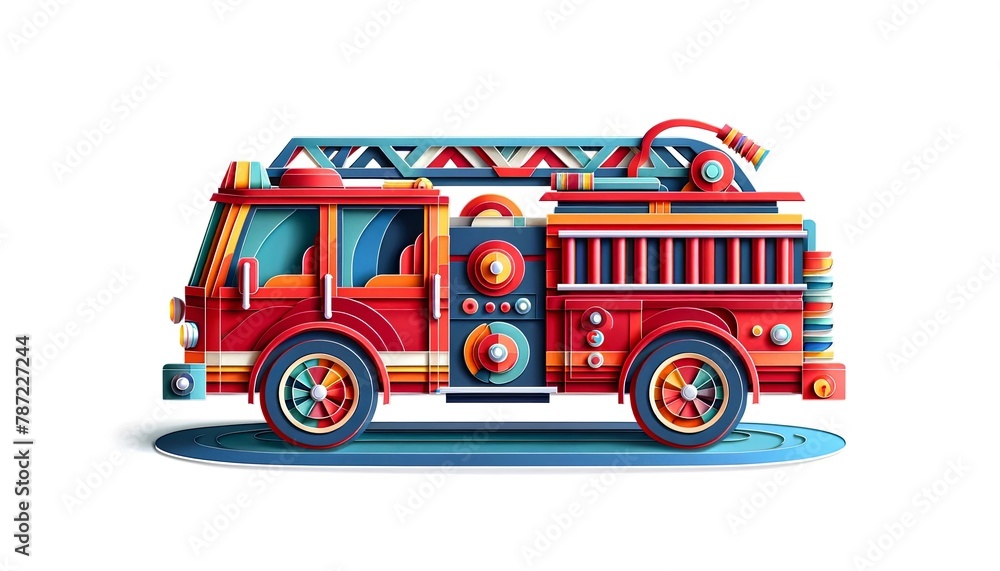 Vibrant paper art fire truck illustration, ideal for children's educational content, emergency services promotion, and community awareness events.