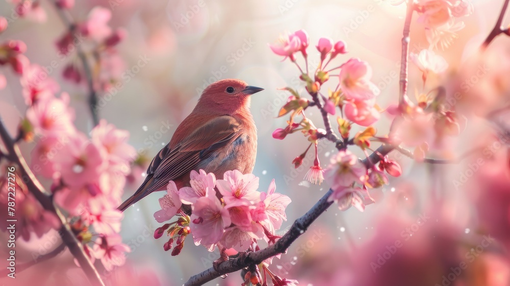 Colorful Bird. beautiful bird. Songbird in Cherry Blossoms. bird on a branch Sakura flowers Colorful Bird. beautiful bird. Songbird in Cherry Blossoms. bird on a branch Sakura flowers