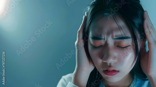 Banner Stress asian women headache have migraine feeling temples stressfull upset depressed Panorama Women headache migraine exhausted girl Office syndrome unhealthy Tension person wit : Generative AI photo