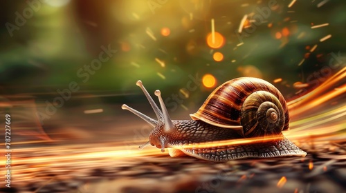 A trail of vibrant light following a speedy snail on the race track blender
