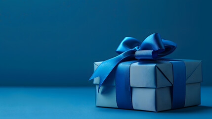 Part of Luxury gift box with a blue bow on blue side view monochrome Fathers day or Valentines day gift for him Corporate gift concept or birthday party Festive sale wide banner : Generative AI