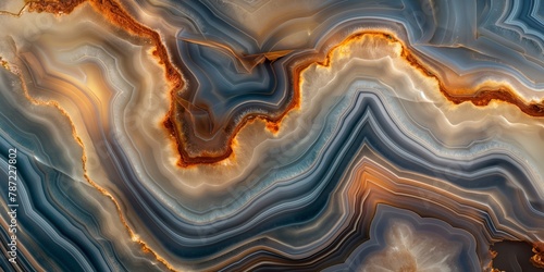 Close-up of swirling patterns and bands in earth-toned agate stone, depicting geological beauty and natural art