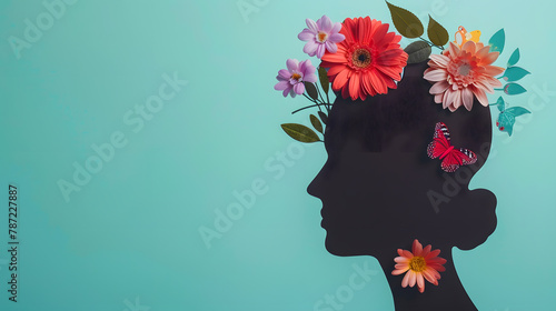 Cardboard silhouette of human head decorated with flowers and butterfly on mint background World mental health day concept Vertical banner Copy space : Generative AI © Generative AI