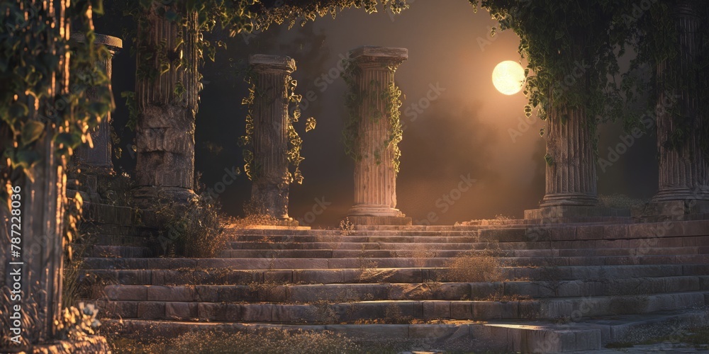 Romantic scene of classic ancient columns bathed in the ethereal glow of moonlight - obrazy, fototapety, plakaty 