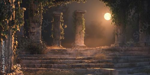 Romantic scene of classic ancient columns bathed in the ethereal glow of moonlight photo
