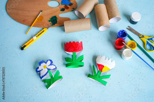 toilet paper roll craft concept for kid and kindergarten, DIY, tutorial, spring flower toy, recycle art