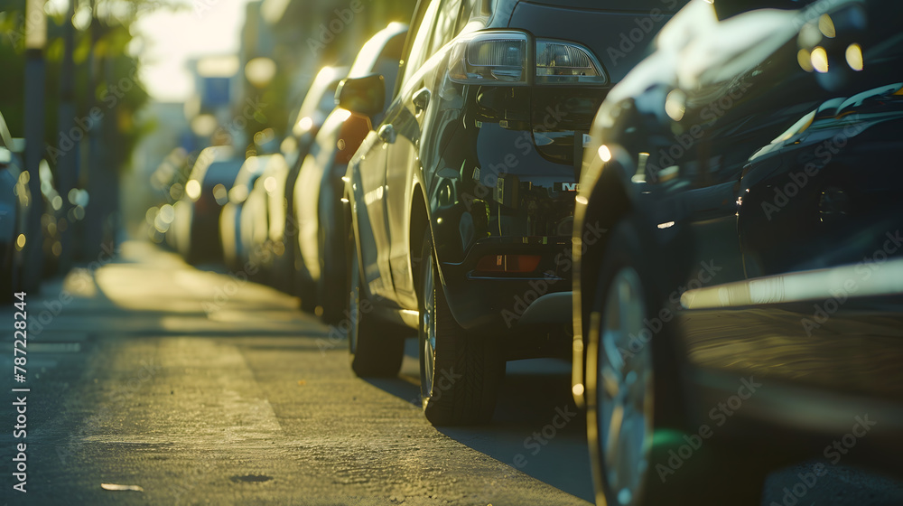 Fototapeta premium Row of Automobiles cars parked neatly in Parking lot area on the Street perspective side view with Copy Space : Generative AI