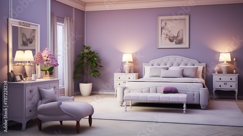 Elegant Lavender Bedroom: a sophisticated bedroom with soft lavender walls, white or cream-colored furniture, and accents of silver or gold for a touch of elegance