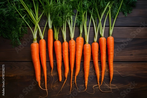 Carrots arranged on kitchen table, vibrant orange freshness displayed