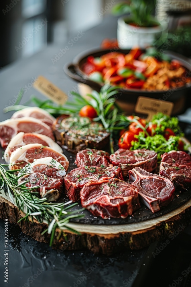 Butcher shop meat cuts display on wooden tray with empty price tags for copy space, wide banner Butcher shop meat cuts display on wooden tray with empty price tags for copy space, wide banner