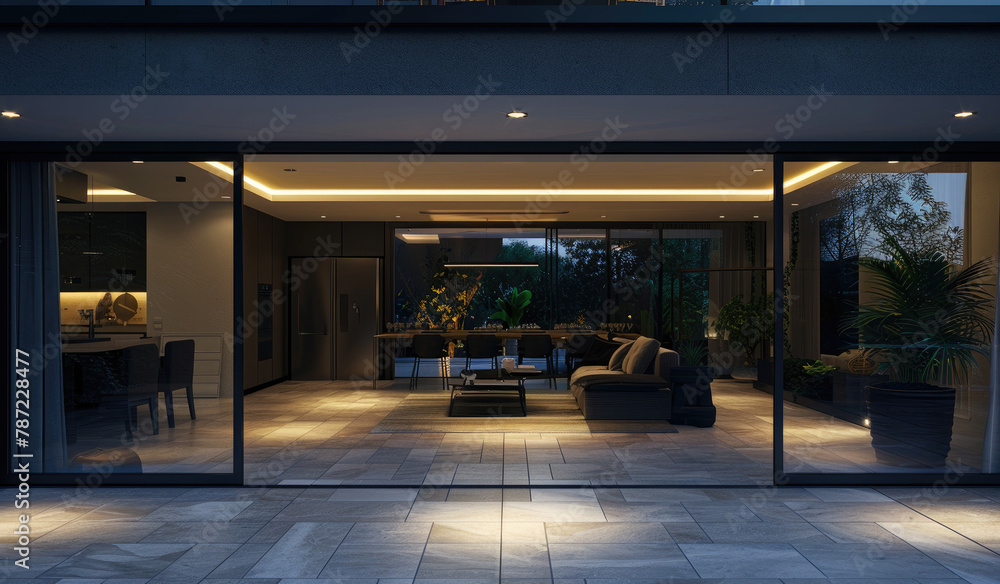 Wide angle shot of an open glass door, showing the interior design and furniture inside at night with ambient lighting. Outside is a modern living room and kitchen in a contemporary house