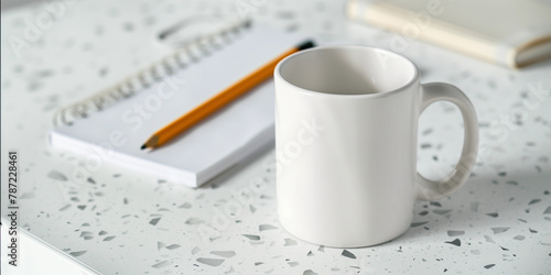 Blank mug POD product white cup mockup modern home mother wife simple grocery food list spiral note pad mom organize journaling crafting writing home school background empty space advert natural desk 