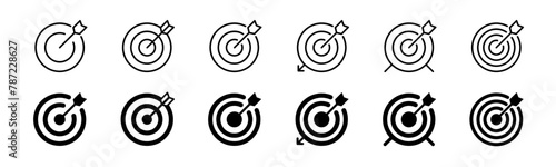 Target with arrow icon set. Line and glyph aim dart board. Target with arrow