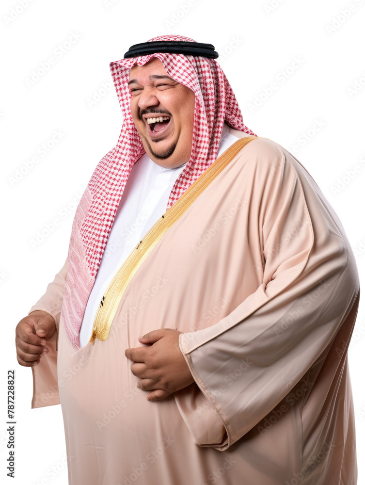 Obraz premium Little fat Arab man smile and happy emotion transparent background