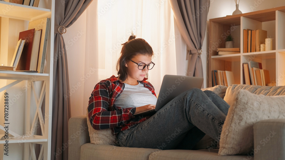 Obraz premium Home work. Freelance job. Internet leisure. Focused woman employee typing on laptop browsing online sitting couch room interior.