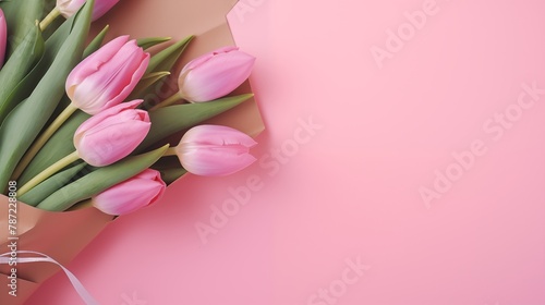 A beautiful bouquet of pink tulips with a decorative ribbon on a pastel background #787228808