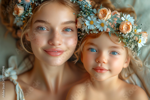 Woman holding girl with flower crown, both smiling in nature