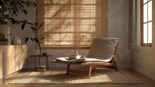 3D rendered image of a minimalist zen reading nook with a comfortable lounger