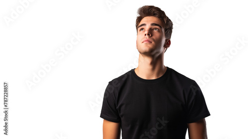 young man in black t shirt isolated on transparent background, boy cutout  © Ali