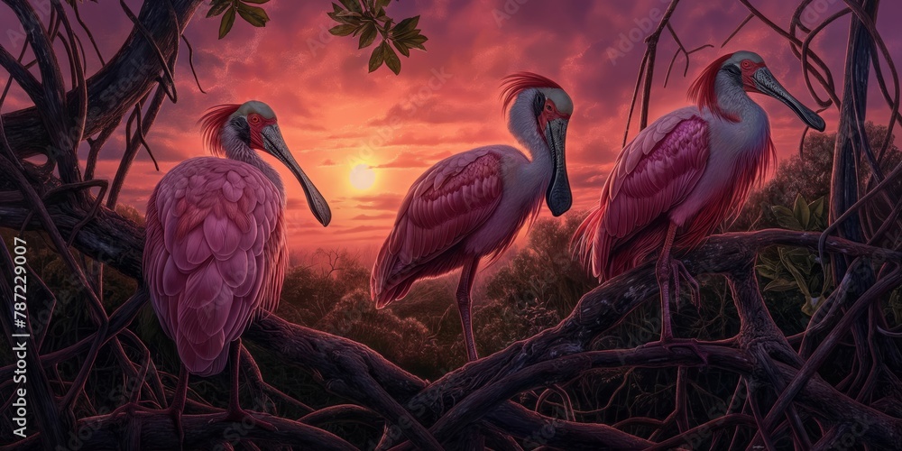 Fototapeta premium Three cranes perched amidst twisted branches against a vivid sunset, conveying a serene end-of-day mood