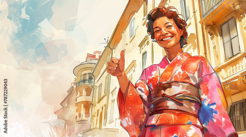 Fototapeta premium Illustration in watercolor style of a smiling European woman dressed in a colorful kimono giving a thumbs up. She stands in a picturesque European city with historic architecture