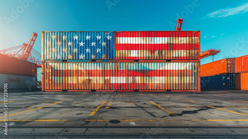 High-resolution image of a giant shipping container docked at a bustling US port vividly painted with the stars and stripes of the USA flag photo