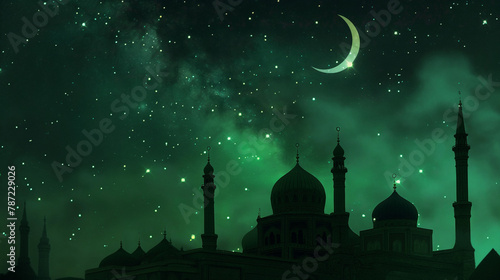 silhouette image of a majestic Mosque with a view of the crescent moon and bright stars at night in green colour shades photo