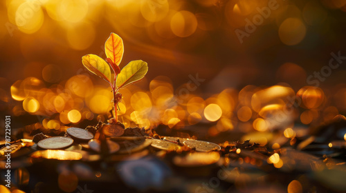 a young sapling sprouting from a mound of various gold silver