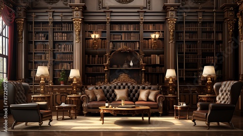 Gilded Age Library: a library from the Gilded Age with dark mahogany bookshelves, plush leather chairs, and gold-embossed details, reflecting the wealth and luxury of America's industrial era 