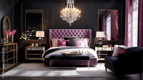 Glamorous Hollywood Regency Bedroom: Plan a bedroom with black lacquer walls, mirrored furniture, and accents of vibrant jewel tones, capturing the essence of Old Hollywood glamour photo