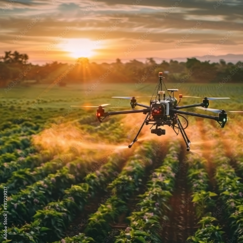 Agricultural drone at sunset on a rapeseed field. innovation in agriculture Agricultural drone at sunset on a rapeseed field. innovation in agriculture