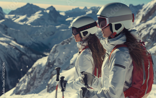 Two female skiers holding their ski equipment at the top of the Alps mountain