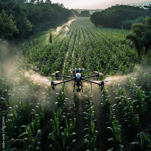 Agricultural drone at sunset on a rapeseed field. innovation in agriculture