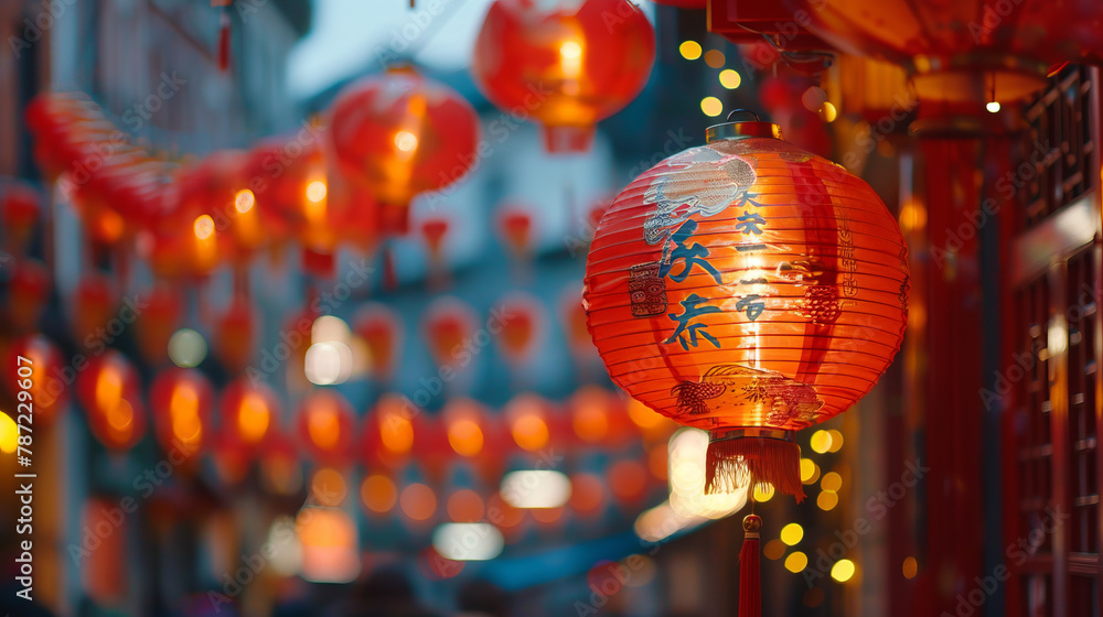 Obraz premium The red lanterns hanging in Chinatown during the Chinese New Year create a colorful and impressive view, filling the streets with a festive mood.