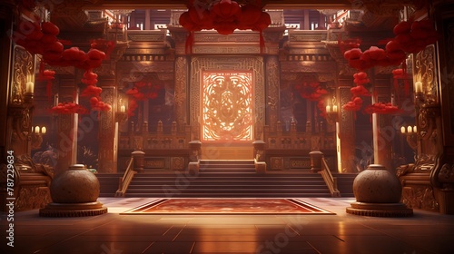 Imperial Chinese Palace Hall:  a resplendent palace hall with crimson and gold accents, intricate woodwork, and a majestic throne, reminiscent of ancient Chinese imperial architecture photo