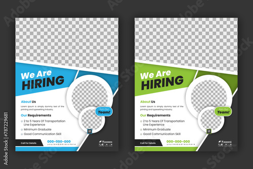 Construction Hire Flyer Design Template We are hiring for job vacancies, construction, and home renovation flyers. Vector blue and green color layout in A4 flyer size