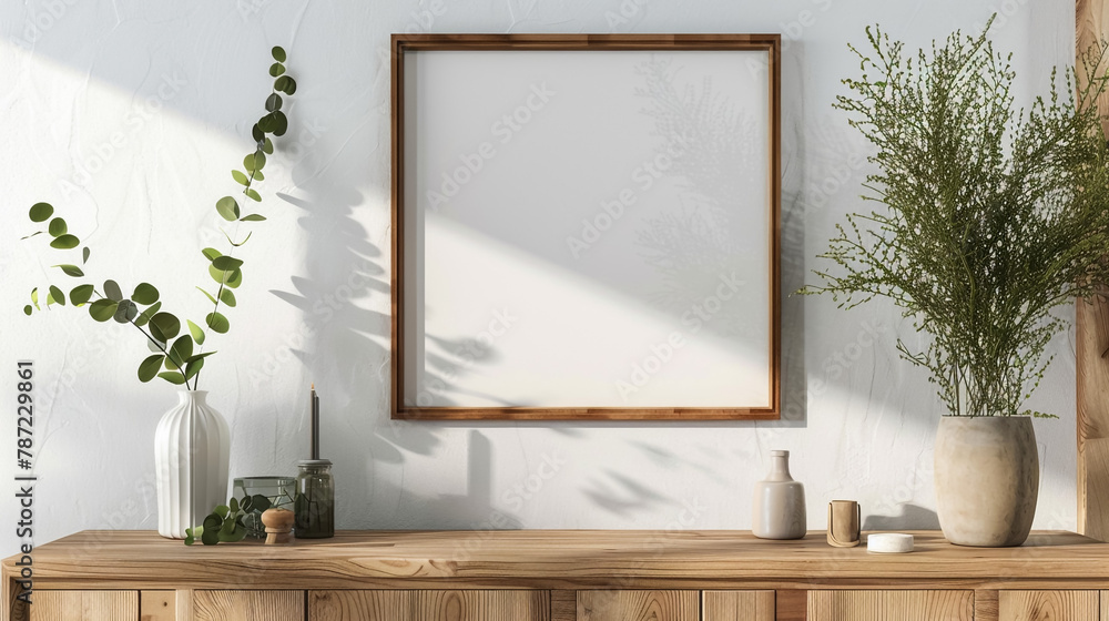 Enhance your home decor with a wooden slat photo frame mockup, elegantly displayed on a white wall above a wooden cabinet, for a touch of sophistication and personalization. Enhance your home decor with a wooden slat photo frame mockup, elegantly displayed on a white wall above a wooden cabinet, for a touch of sophistication and personalization.
