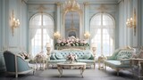 Louis XVI Inspired Salon:  a salon inspired by Louis XVI style with pastel hues, delicate floral motifs, and gilded accents, reflecting the refined taste of 18th-century French aristocracy