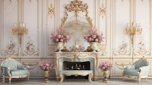 Louis XVI Inspired Salon: a salon inspired by Louis XVI style with pastel hues, delicate floral motifs, and gilded accents, reflecting the refined taste of 18th-century French aristocracy