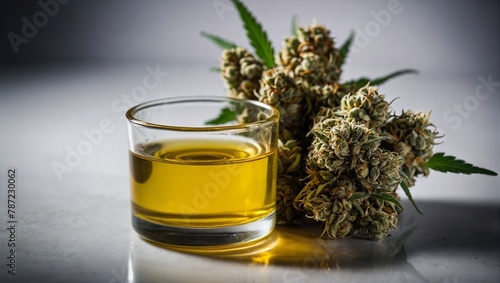Flowers of marijuana in glass filled with cannabis oil