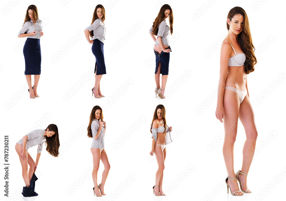 Underwear, woman and undressing in studio collage for sensuality, sexy and half naked body with confidence. Girl, business and take off clothes after work or corporate career for comfort and relax Underwear, woman and undressing in studio collage for sensuality, sexy and half naked body with confidence. Girl, business and take off clothes after work or corporate career for comfort and relax