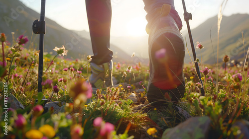 Hiker walks on mountain trail with sunlight