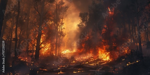 A devastating forest fire blazes through a woodland, illustrating the destructive power of natural disasters