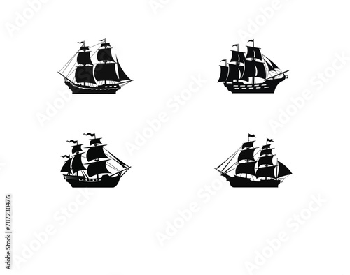 Silhouette of a Pirate Ship set, Pirate boats and Old different Wooden Ships with Fluttering Flags set