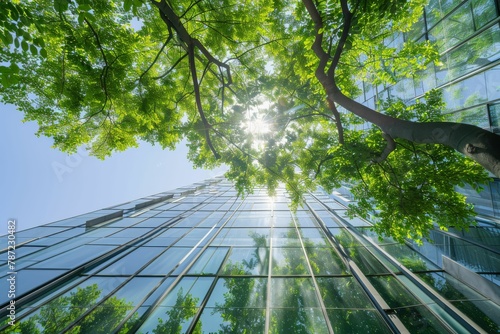 Modern building with forest reflected in windows and facade. Sustainable  green energy city  low-energy concept.. Beautiful simple AI generated image in 4K  unique.