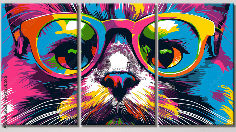 3 panel wall art, Wow pop art cat face. Cat with colorful glasses pop art background. Pop art poster usable for interior design.