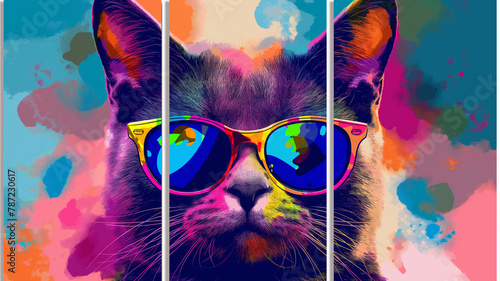 3 panel wall art, Wow pop art cat face. Cat with colorful glasses pop art background. Pop art poster usable for interior design.