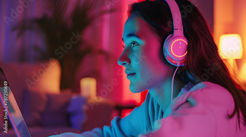 Side view of cheery young woman in earphones using laptop having online business meeting or educational webinar at home copy space Remote communication work conference distance lesson    Generative AI