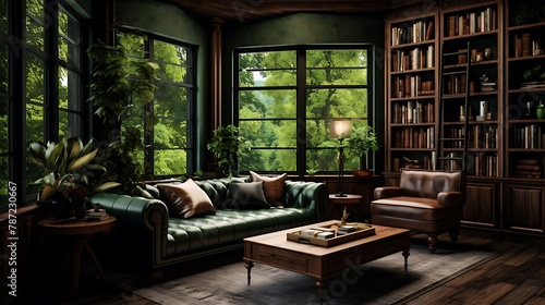 Moss Green Study: Plan a cozy study with walls in moss green, dark wooden bookshelves, and soft leather furniture, fostering a warm and scholarly atmosphere photo