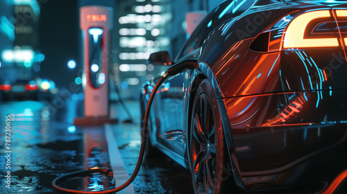 The selected close-up of an electric vehicle standing at a charging station is an illustration of the desire for sustainable and environmentally responsible mobility.